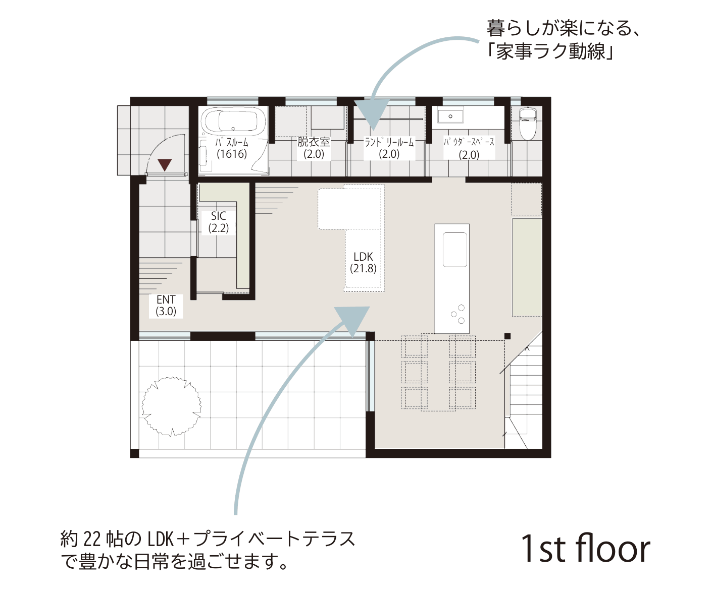 参考プラン① 1階平面図。約22帖のLDK+プライベートテラスで豊かな日常を過ごせます。